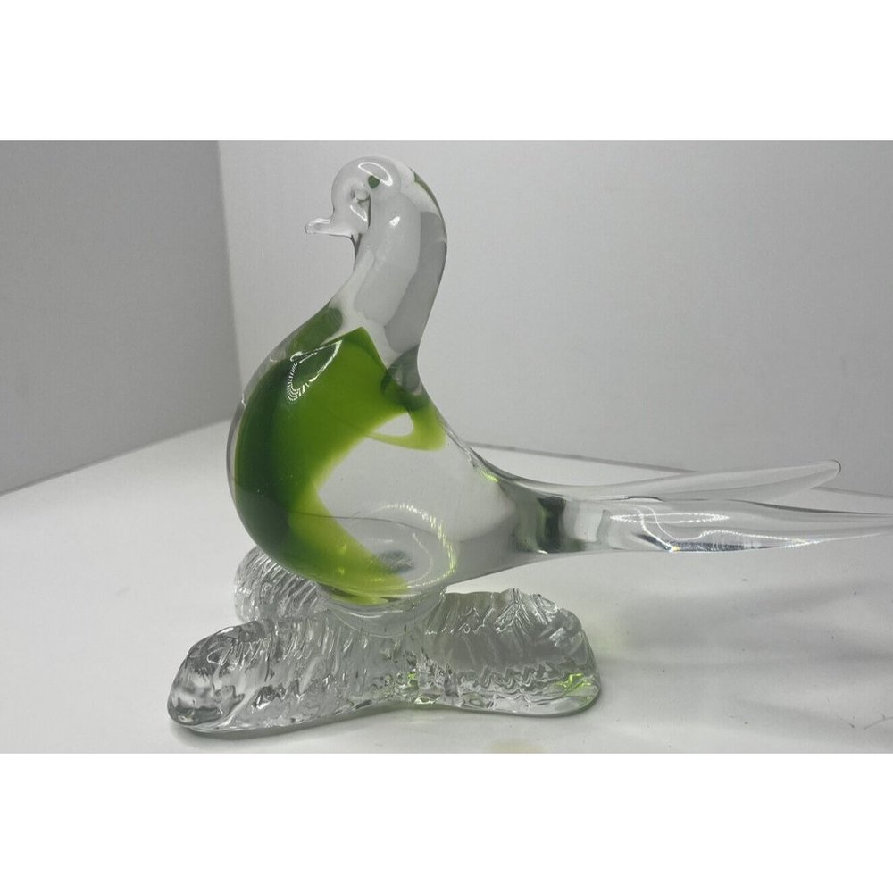 Clear blown glass murano dove green on branch. 6.5 inches